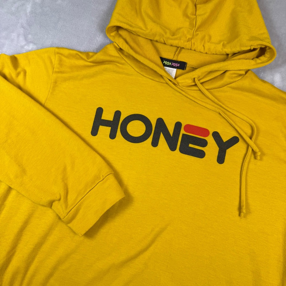 POSH POSH Honey‎ Graphic Hoodie Yellow Long Sleeve Casual Pullover Womens XL*